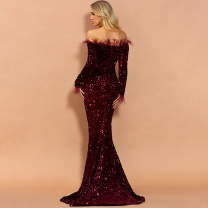 Off-Shoulder Feather Trim Sequin Gown Wine Red