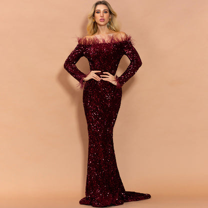 Off-Shoulder Feather Trim Sequin Gown Wine Red