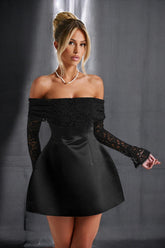 Off-Shoulder Lace Sleeve Mini Dress