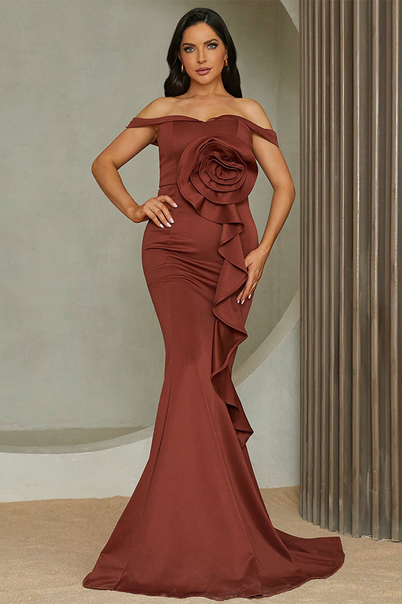 Off-Shoulder Mermaid Gown With Rose Detail And Cascading Ruffles Brown