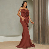 Off-Shoulder Mermaid Gown With Rose Detail And Cascading Ruffles Brown