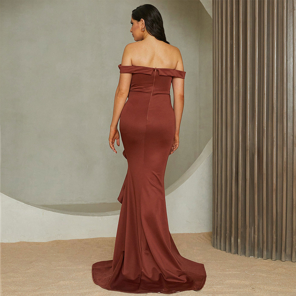 Off-Shoulder Mermaid Gown With Rose Detail And Cascading Ruffles Brown