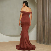 Off-Shoulder Mermaid Gown With Rose Detail And Cascading Ruffles Brown
