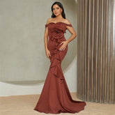 Off-Shoulder Mermaid Gown With Rose Detail And Cascading Ruffles Brown