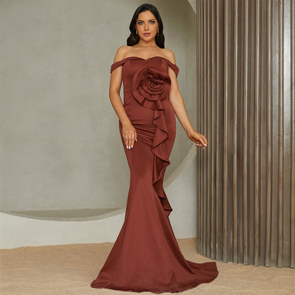 Off-Shoulder Mermaid Gown With Rose Detail And Cascading Ruffles Brown