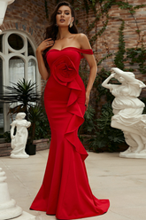 Off-Shoulder Mermaid Gown With Rose Detail And Cascading Ruffles Red