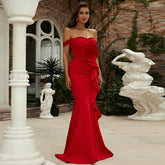 Off-Shoulder Mermaid Gown With Rose Detail And Cascading Ruffles Red