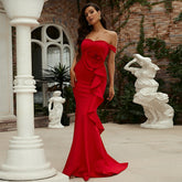 Off-Shoulder Mermaid Gown With Rose Detail And Cascading Ruffles Red