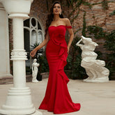 Off-Shoulder Mermaid Gown With Rose Detail And Cascading Ruffles Red