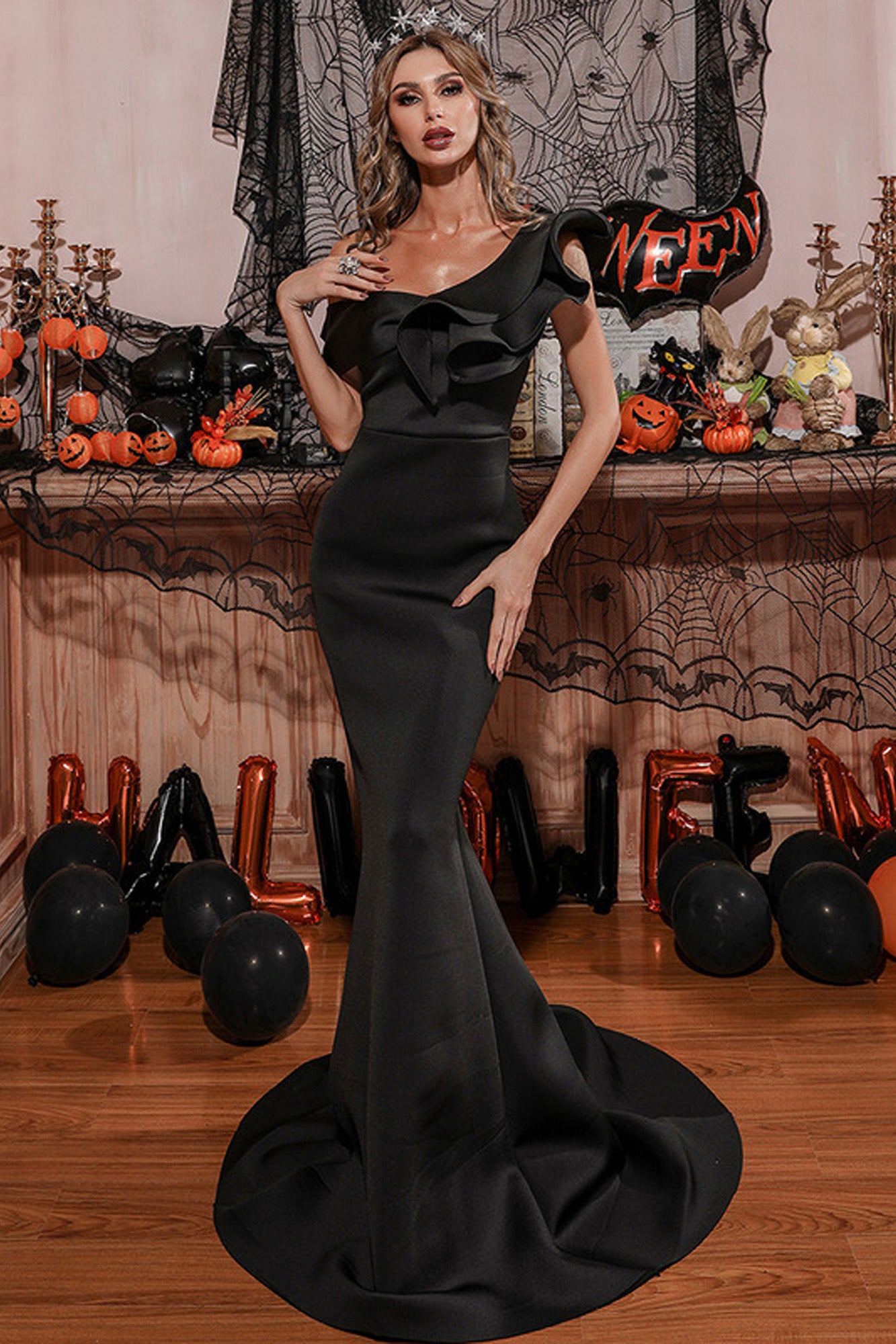 Off-Shoulder Mermaid Gown with Dramatic Ruffle Detail Black