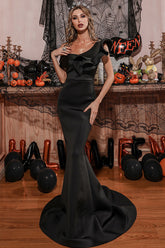Off-Shoulder Mermaid Gown with Dramatic Ruffle Detail Black