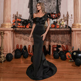 Off-Shoulder Mermaid Gown with Dramatic Ruffle Detail Black