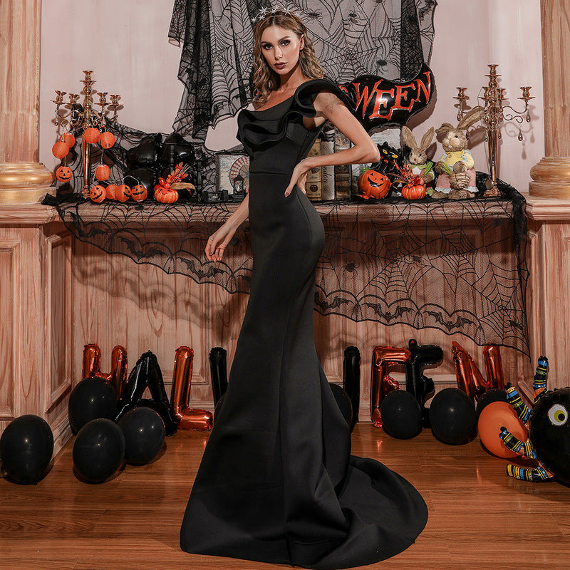 Off-Shoulder Mermaid Gown with Dramatic Ruffle Detail Black