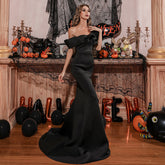 Off-Shoulder Mermaid Gown with Dramatic Ruffle Detail Black