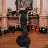 Off-Shoulder Mermaid Gown with Dramatic Ruffle Detail Black