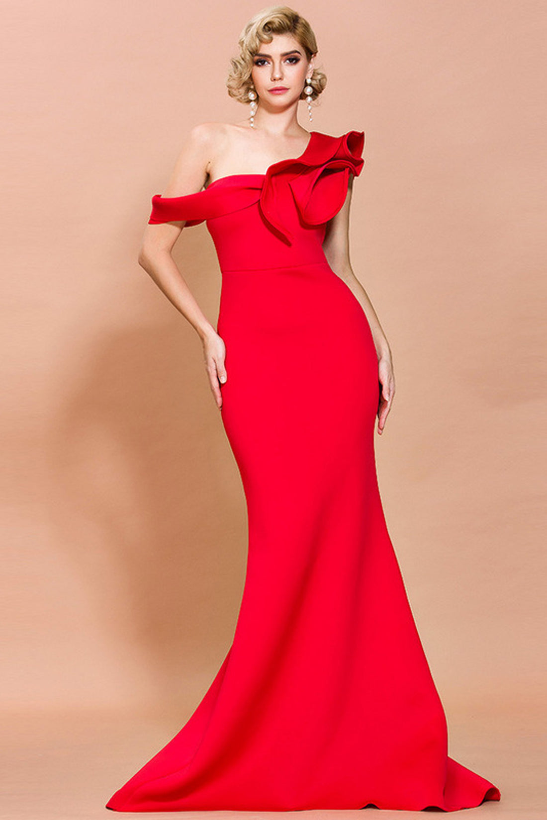 Off-Shoulder Mermaid Gown with Dramatic Ruffle Detail Red