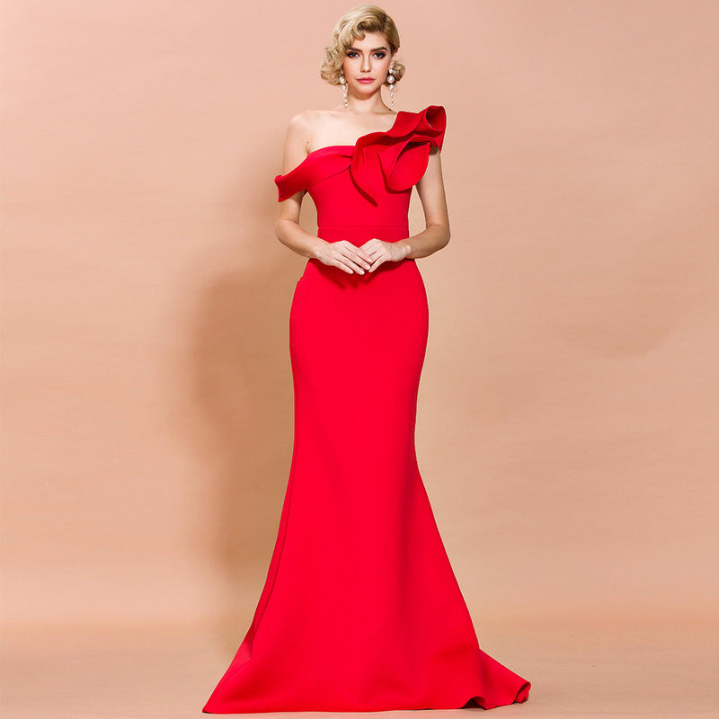 Off-Shoulder Mermaid Gown with Dramatic Ruffle Detail Red