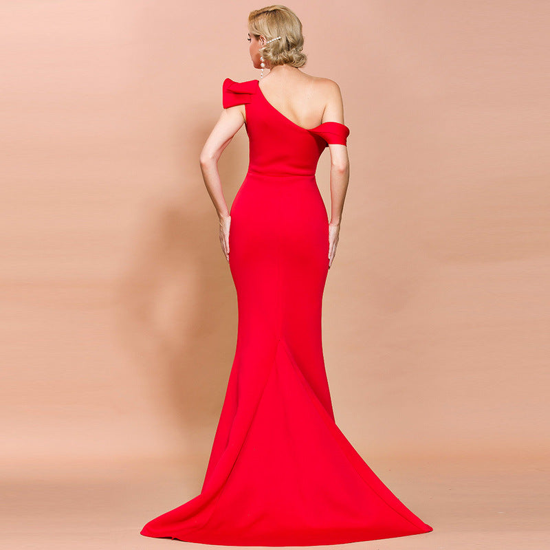 Off-Shoulder Mermaid Gown with Dramatic Ruffle Detail Red