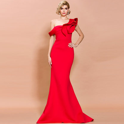 Off-Shoulder Mermaid Gown with Dramatic Ruffle Detail Red