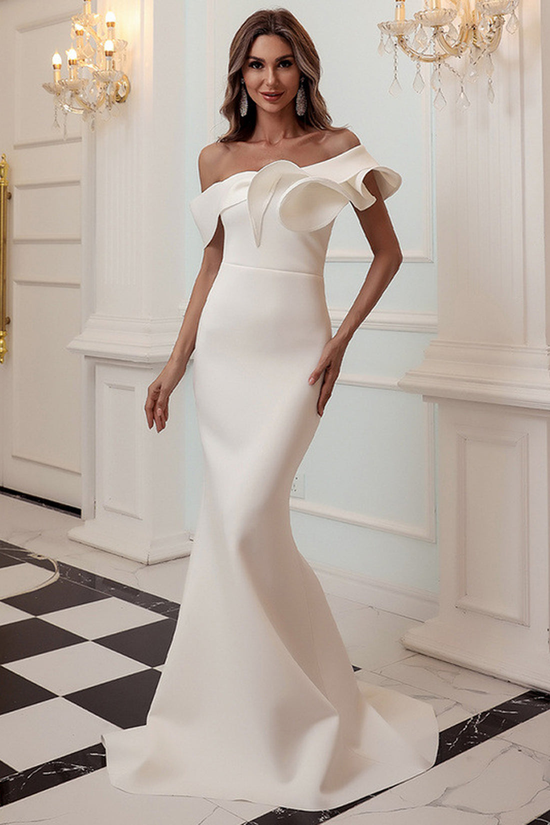 Off-Shoulder Mermaid Gown with Dramatic Ruffle Detail White