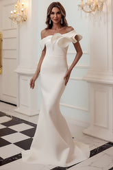 Off-Shoulder Mermaid Gown with Dramatic Ruffle Detail White