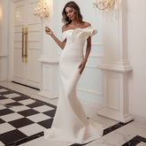 Off-Shoulder Mermaid Gown with Dramatic Ruffle Detail White