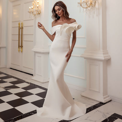 Off-Shoulder Mermaid Gown with Dramatic Ruffle Detail White