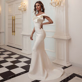 Off-Shoulder Mermaid Gown with Dramatic Ruffle Detail White