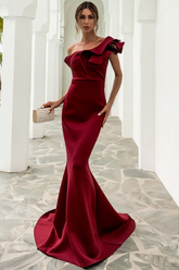 Off-Shoulder Mermaid Gown with Dramatic Ruffle Detail Wine Red