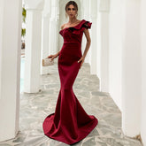 Off-Shoulder Mermaid Gown with Dramatic Ruffle Detail Wine Red