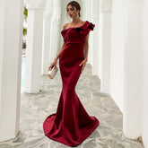 Off-Shoulder Mermaid Gown with Dramatic Ruffle Detail Wine Red