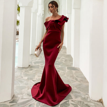 Off-Shoulder Mermaid Gown with Dramatic Ruffle Detail Wine Red