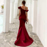 Off-Shoulder Mermaid Gown with Dramatic Ruffle Detail Wine Red