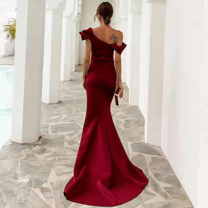 Off-Shoulder Mermaid Gown with Dramatic Ruffle Detail Wine Red