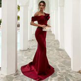 Off-Shoulder Mermaid Gown with Dramatic Ruffle Detail Wine Red