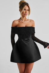 Off-Shoulder Satin Lace Mini Dress Black