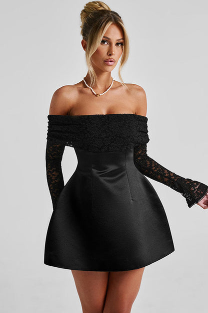 Off-Shoulder Satin Lace Mini Dress Black