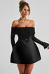 Off-Shoulder Satin Lace Mini Dress Black
