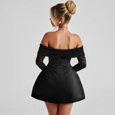 Off-Shoulder Satin Lace Mini Dress Black