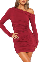 One-Shoulder Ruched Bodycon Mini Dress Red