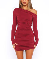 One-Shoulder Ruched Bodycon Mini Dress Red