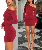 One-Shoulder Ruched Bodycon Mini Dress Red