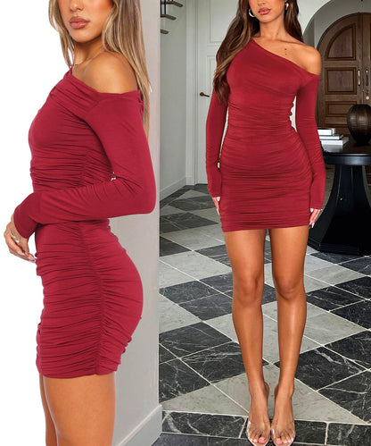 One-Shoulder Ruched Bodycon Mini Dress Red