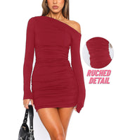 One-Shoulder Ruched Bodycon Mini Dress Red