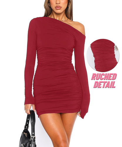 One-Shoulder Ruched Bodycon Mini Dress Red