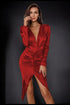Red Satin Ruched Midi Dress With High Slit