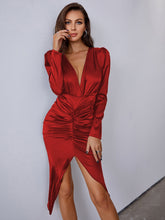 Red Satin Ruched Midi Dress With High Slit