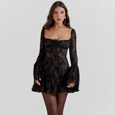 Romantic Lace Mini Dress with Bell Sleeves Black
