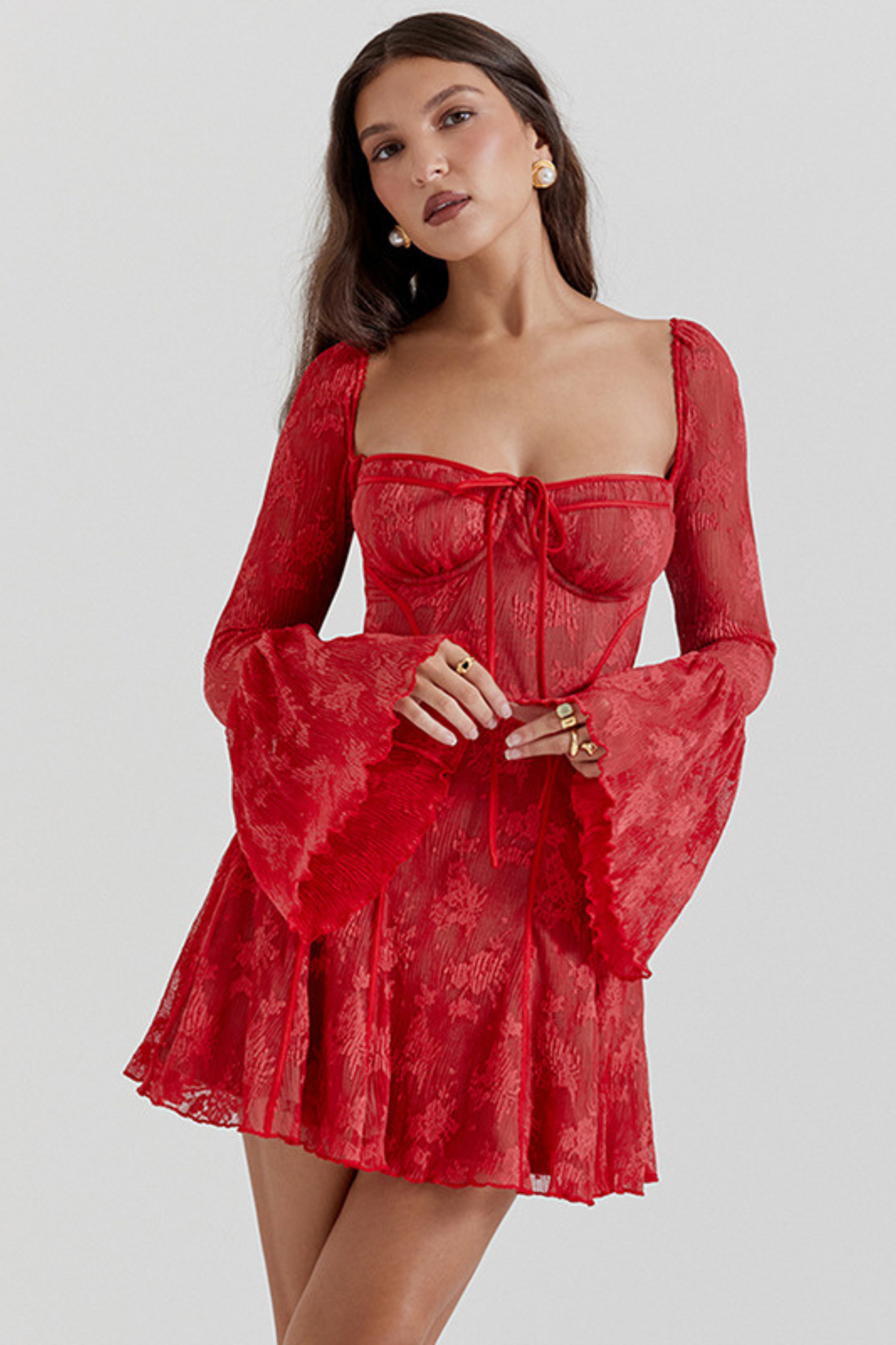 Romantic Lace Mini Dress with Bell Sleeves Red