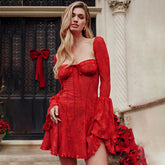 Romantic Lace Mini Dress with Bell Sleeves Red